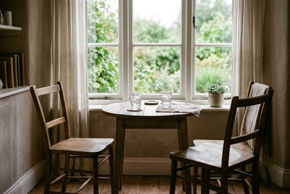 Zwei Stühle an einem Tisch am Fenster