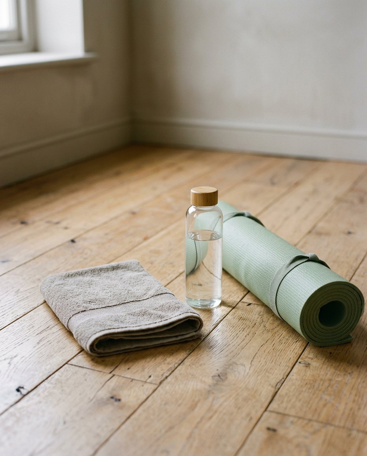 Handtuch, Flasche und Matte auf dem Boden