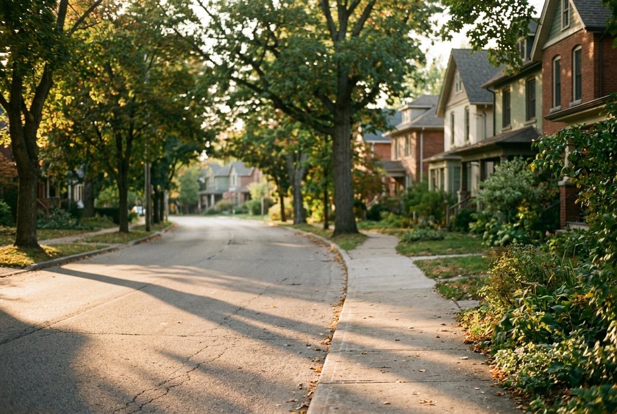 Eine ruhige Straße am frühen Abend